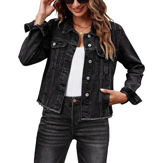 Damen Kurz geschnittene Jeansjacke mit Fransen-Saum und aufgesetzten Brusttaschen Drune