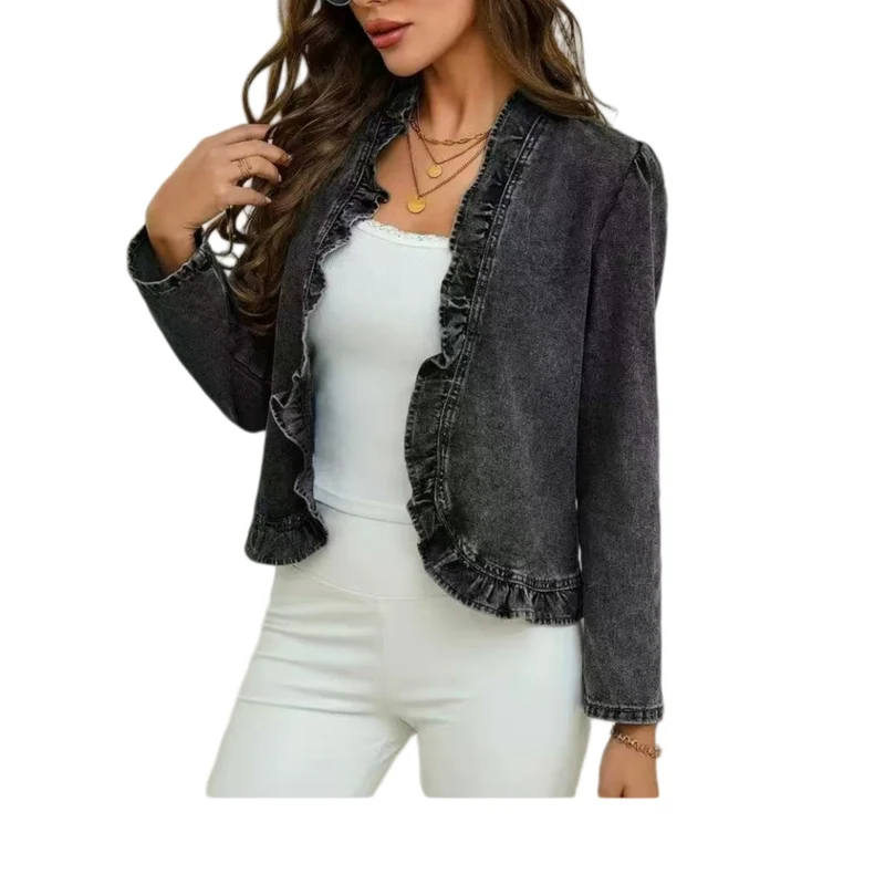 Damen Jeansjacke mit Rüschenkragen und taillierter Silhouette Drune