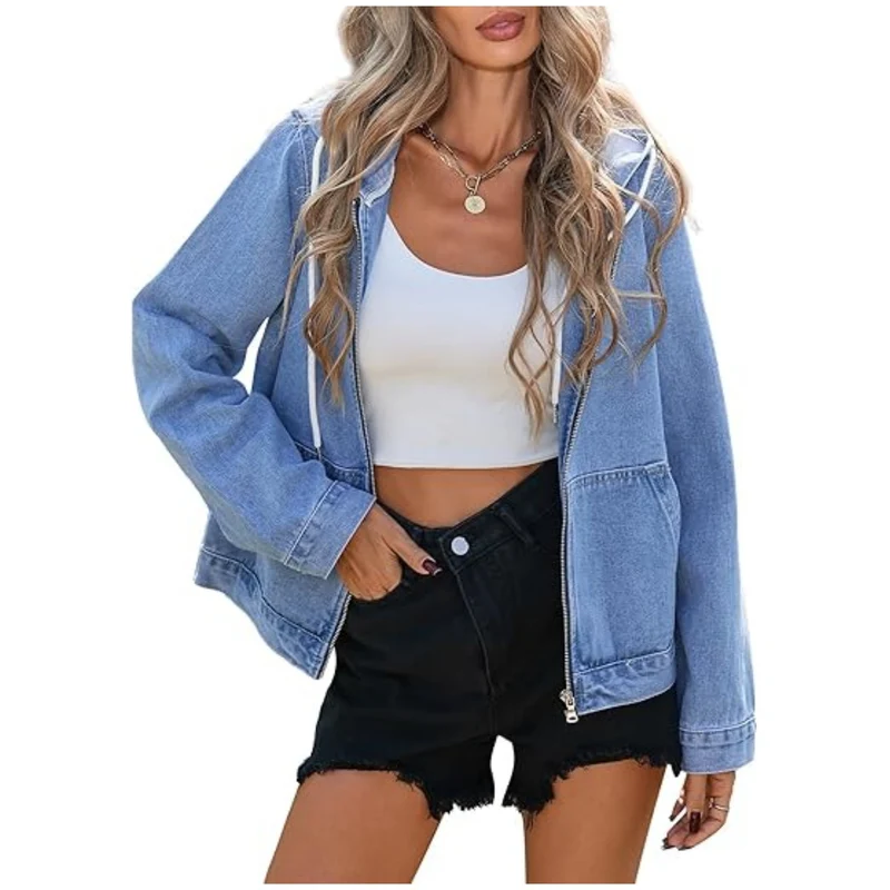 Damen Jeansjacke mit Kapuze, Reißverschluss und Oversize-Schnitt Drune