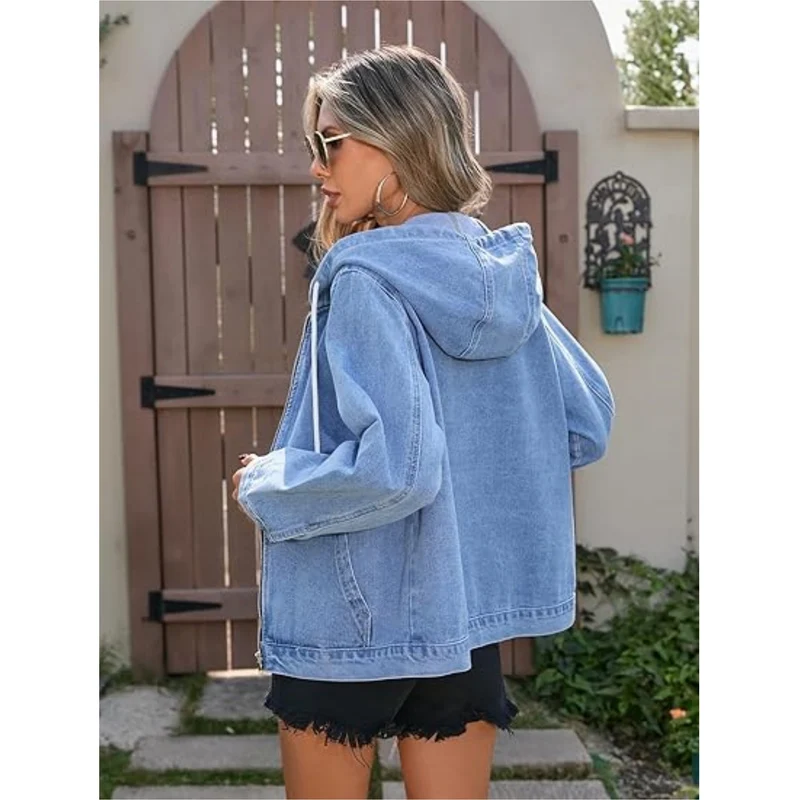Damen Jeansjacke mit Kapuze, Reißverschluss und Oversize-Schnitt Drune