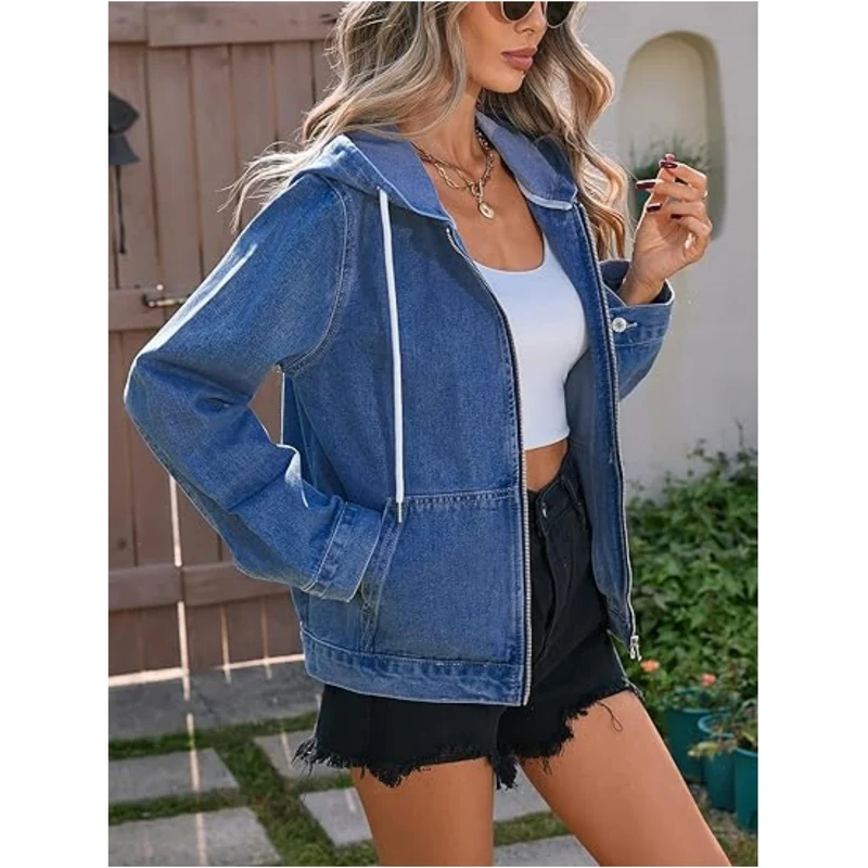 Damen Jeansjacke mit Kapuze, Reißverschluss und Oversize-Schnitt Drune