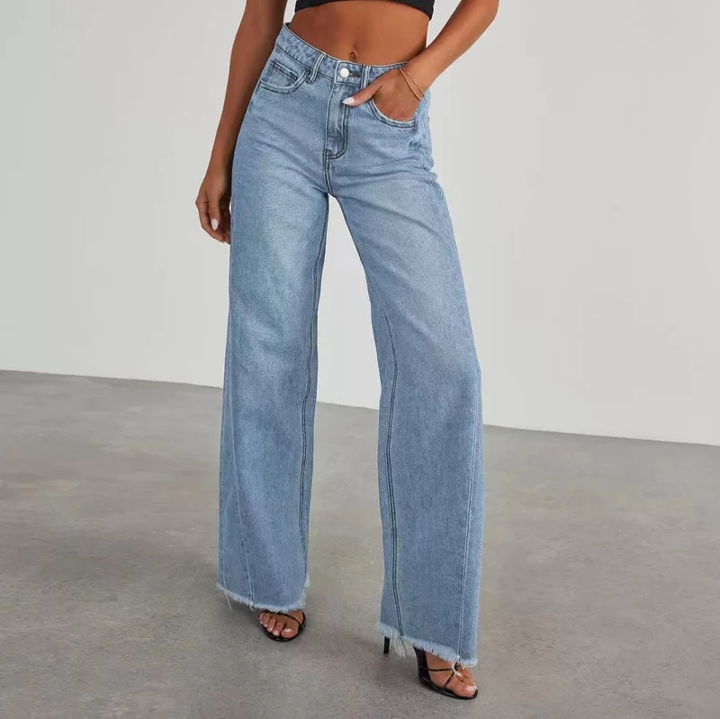 Damen Jeans mit hoher Taille und weitem Bein sowie ausgefranstem Saum Drune