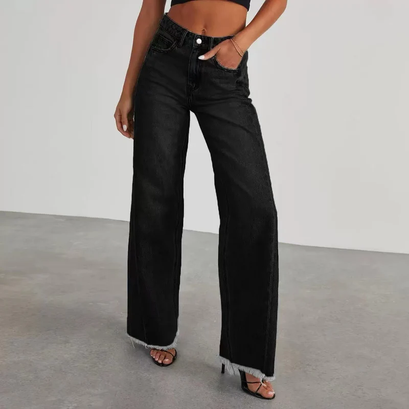 Damen Jeans mit hoher Taille und weitem Bein sowie ausgefranstem Saum Drune