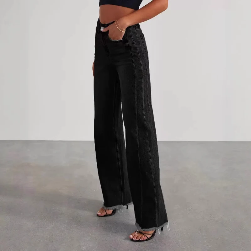 Damen Jeans mit hoher Taille und weitem Bein sowie ausgefranstem Saum Drune
