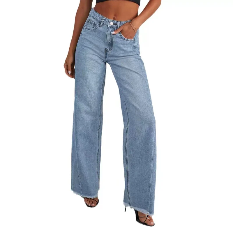 Damen Jeans mit hoher Taille und weitem Bein sowie ausgefranstem Saum Drune