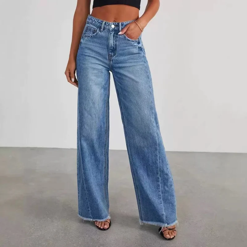 Damen Jeans mit hoher Taille und weitem Bein sowie ausgefranstem Saum Drune