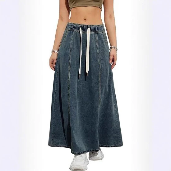 Damen Jeans-Midirock mit elastischem Tunnelzug Drune