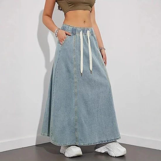 Damen Jeans-Midirock mit elastischem Tunnelzug Drune