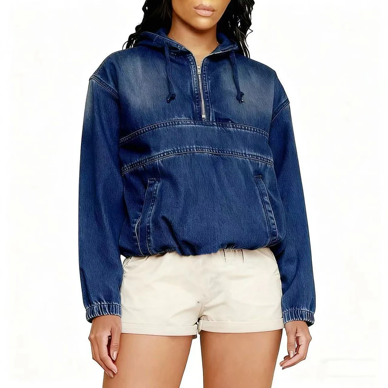 Damen Jeans-Hoodie mit halbem Reißverschluss, Kapuze und elastischem Saum Drune