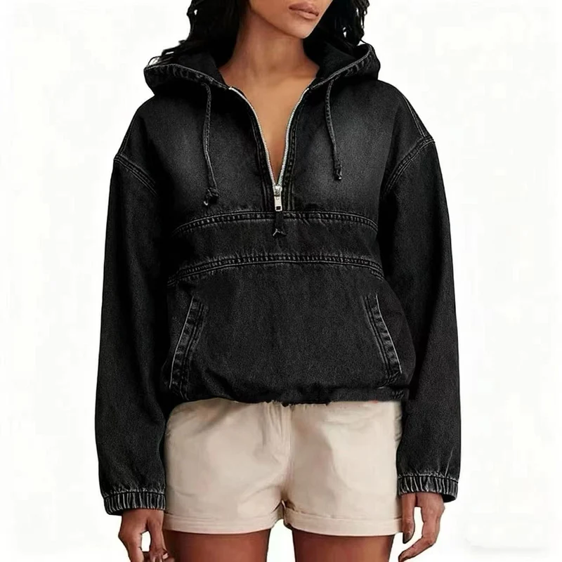 Damen Jeans-Hoodie mit halbem Reißverschluss, Kapuze und elastischem Saum Drune