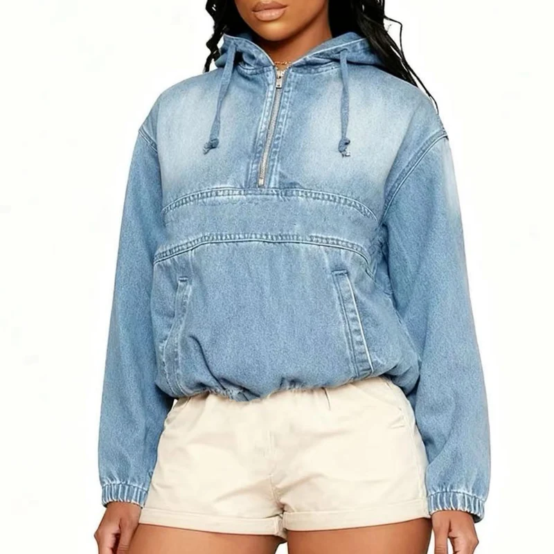 Damen Jeans-Hoodie mit halbem Reißverschluss, Kapuze und elastischem Saum Drune