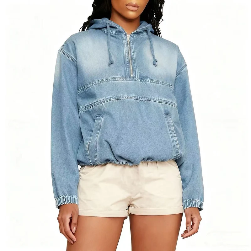 Damen Jeans-Hoodie mit halbem Reißverschluss, Kapuze und elastischem Saum Drune