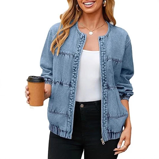 Damen Jeans-Bomberjacke mit Rundhalsausschnitt, elastischen Bündchen und aufgesetzten Taschen Drune