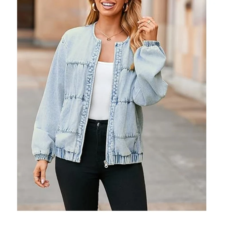 Damen Jeans-Bomberjacke mit Rundhalsausschnitt, elastischen Bündchen und aufgesetzten Taschen Drune