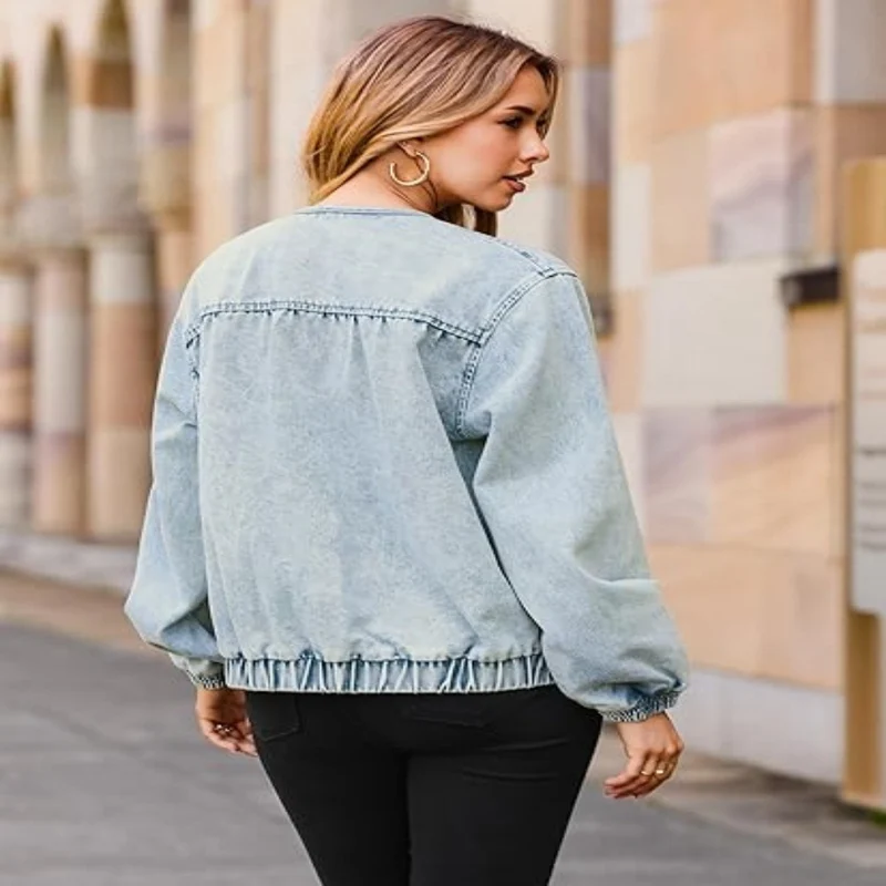 Damen Jeans-Bomberjacke mit Rundhalsausschnitt, elastischen Bündchen und aufgesetzten Taschen Drune