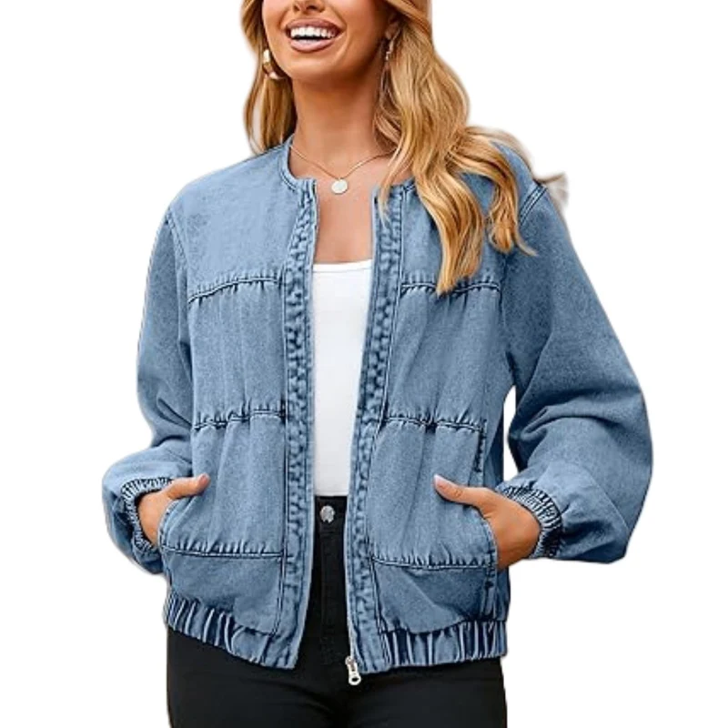 Damen Jeans-Bomberjacke mit Rundhalsausschnitt, elastischen Bündchen und aufgesetzten Taschen Drune