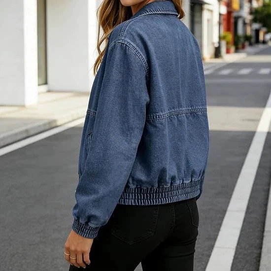 Damen Jeans-Bomberjacke mit Reißverschluss, elastischem Saum und Hemdkragen Drune