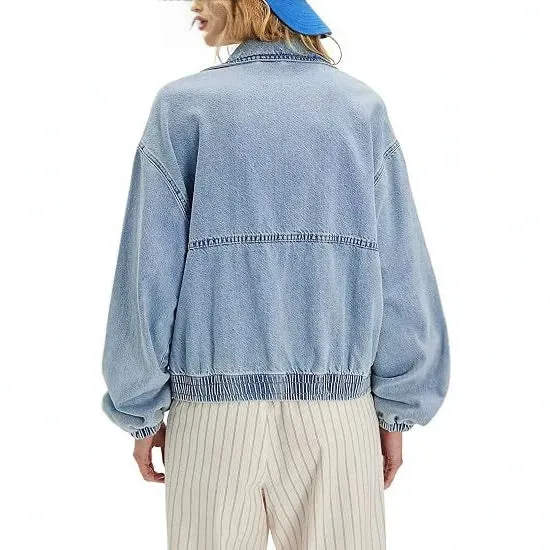 Damen Jeans-Bomberjacke mit Reißverschluss, elastischem Saum und Hemdkragen Drune