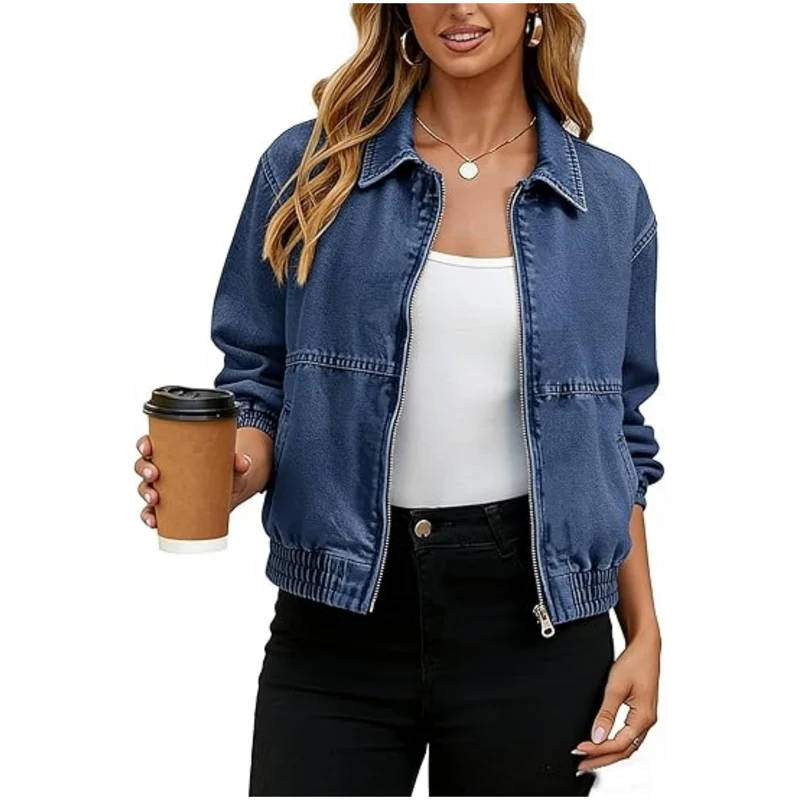Damen Jeans-Bomberjacke mit Reißverschluss, elastischem Saum und Hemdkragen Drune