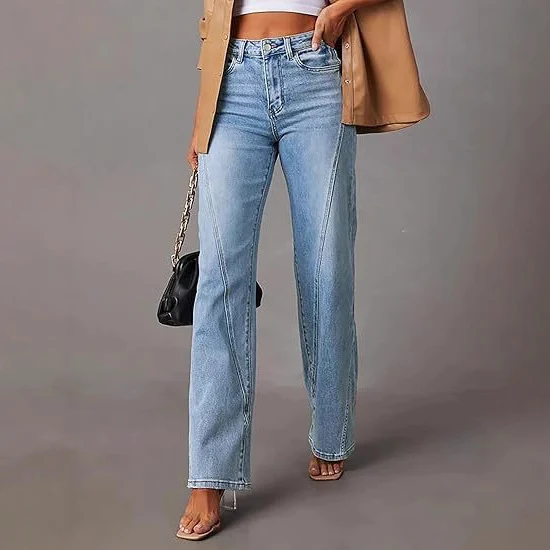 Damen High-Waist Wide-Leg Jeans mit dekorativer V-Naht Drune