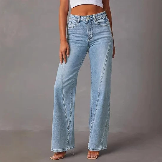 Damen High-Waist Wide-Leg Jeans mit dekorativer V-Naht Drune