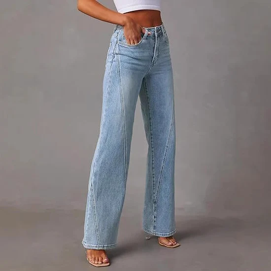 Damen High-Waist Wide-Leg Jeans mit dekorativer V-Naht Drune