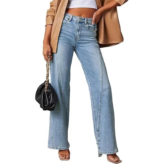 Damen High-Waist Wide-Leg Jeans mit dekorativer V-Naht Drune
