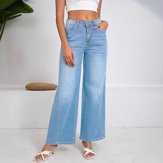 Damen High-Waist Weitbein-Jeans mit hohem Bund und lässiger Vintage-Waschung Drune
