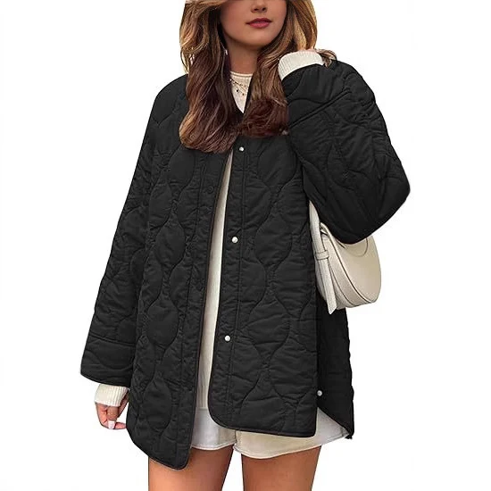 Damen gesteppte Oversize-Steppjacke mit Druckknopfleiste und gerundetem Saum Drune