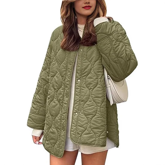 Damen gesteppte Oversize-Steppjacke mit Druckknopfleiste und gerundetem Saum Drune