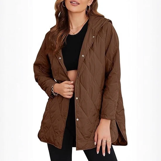 Damen gesteppte Kapuzenjacke mit Oversize-Schnitt, Druckknopfverschluss und Seitenschlitzen Drune