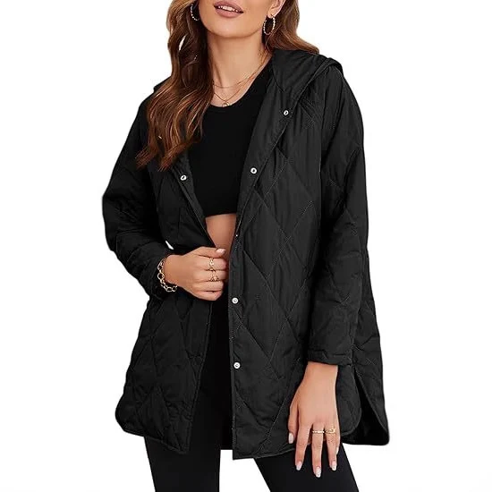 Damen gesteppte Kapuzenjacke mit Oversize-Schnitt, Druckknopfverschluss und Seitenschlitzen Drune