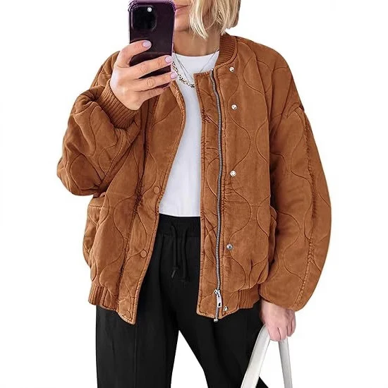 Damen Gepolsterte Oversize-Stepp-Bomberjacke mit Rippbündchen und dekorativer Ziersteppung Drune