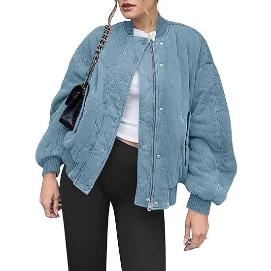 Damen Gepolsterte Oversize-Stepp-Bomberjacke mit Rippbündchen und dekorativer Ziersteppung Drune