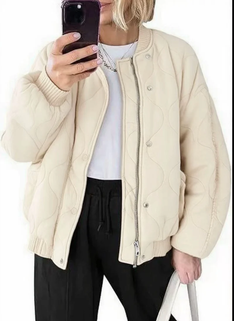 Damen Gepolsterte Oversize-Stepp-Bomberjacke mit Rippbündchen und dekorativer Ziersteppung Drune