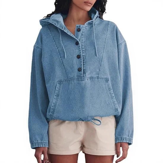 Damen Denim-Hoodie mit halber Knopfleiste, Kängurutasche und Tunnelzugsaum Drune