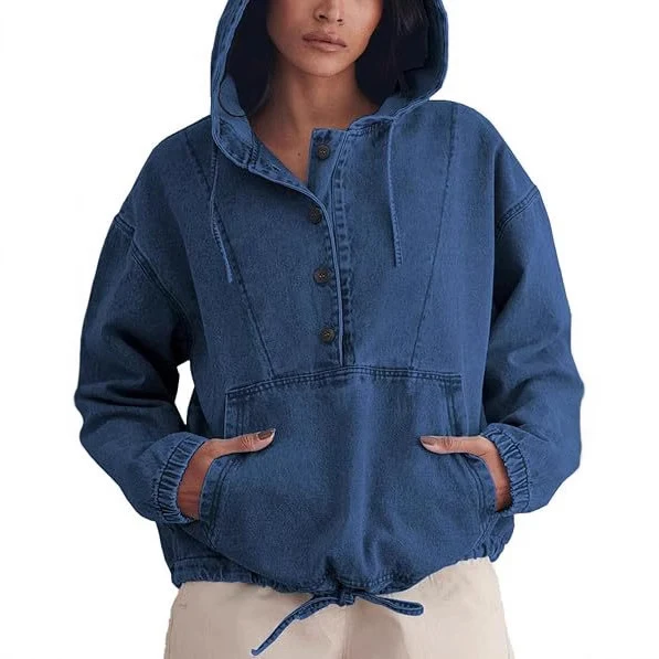 Damen Denim-Hoodie mit halber Knopfleiste, Kängurutasche und Tunnelzugsaum Drune
