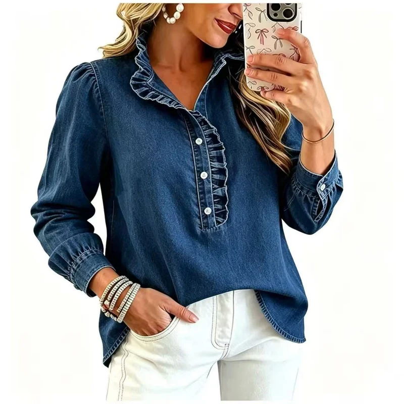 Damen Denim-Bluse mit Rüschenkragen und Puffärmeln Drune