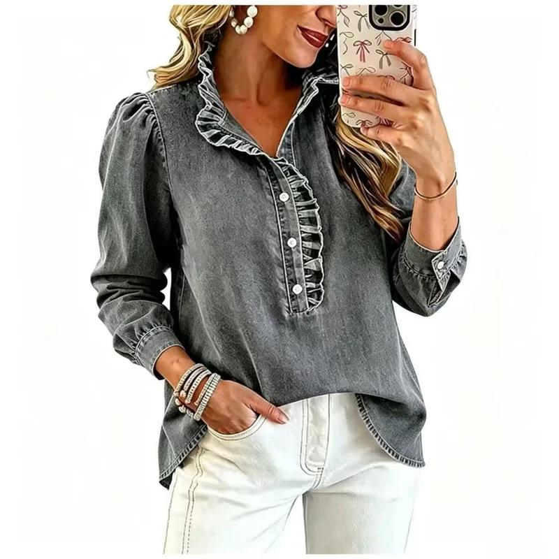 Damen Denim-Bluse mit Rüschenkragen und Puffärmeln Drune
