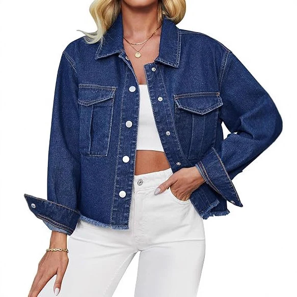Damen Cropped Denimjacke mit Fransenabschluss und aufgesetzten Brusttaschen Drune