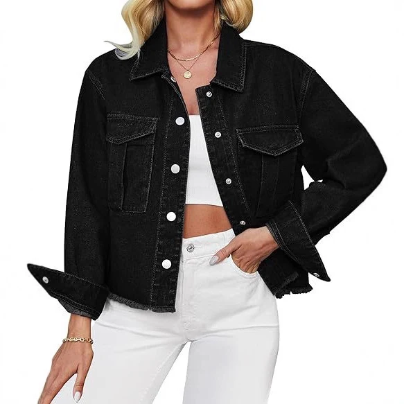 Damen Cropped Denimjacke mit Fransenabschluss und aufgesetzten Brusttaschen Drune