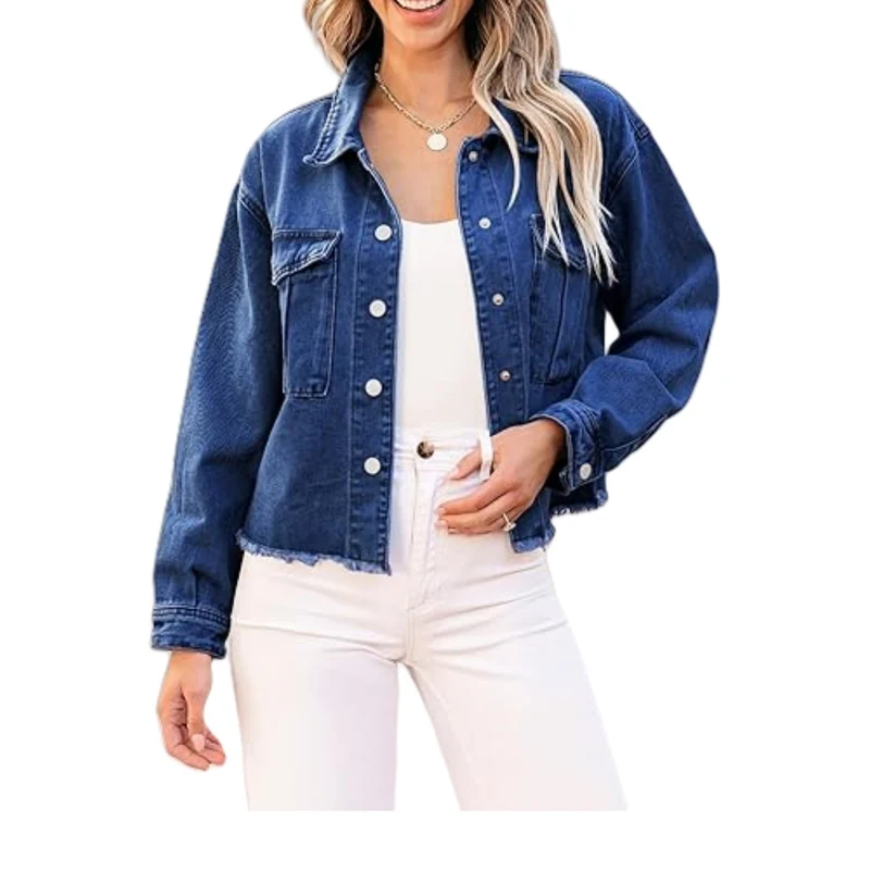 Damen Cropped Denimjacke mit Fransenabschluss und aufgesetzten Brusttaschen Drune