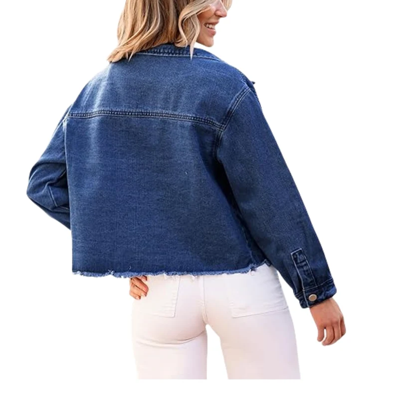 Damen Cropped Denimjacke mit Fransenabschluss und aufgesetzten Brusttaschen Drune