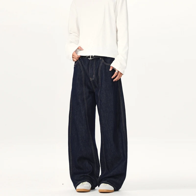 Unisex Ultraweite tiefsitzende Baggy-Jeans aus rohem Denim mit Kontrastnähten Drune