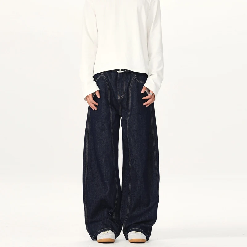 Unisex Ultraweite tiefsitzende Baggy-Jeans aus rohem Denim mit Kontrastnähten Drune