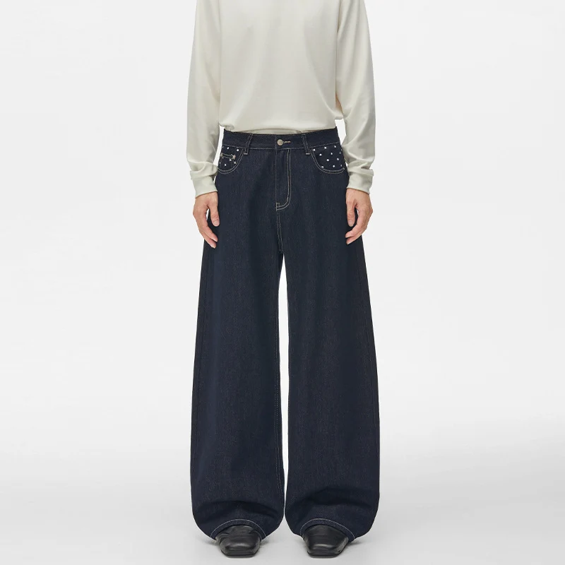 Unisex Ultraweite Palazzodenim-Hose mit Nietenbesetzten Eingrifftaschen und bodenlangem Saum Drune