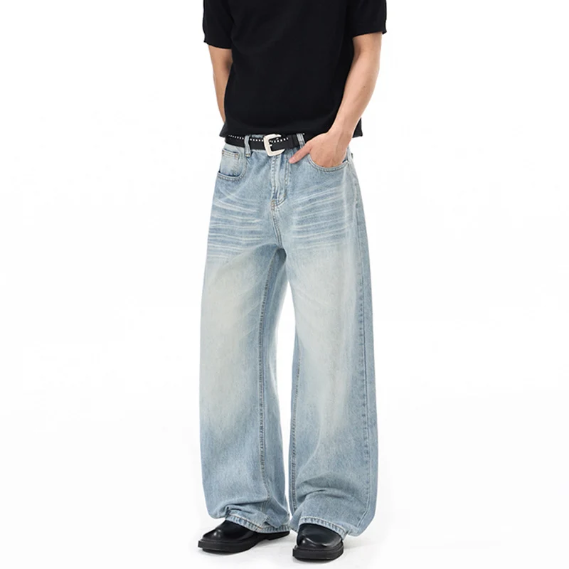 Herren Weitfallende Loose-Palazzo-Denimjeans mit tiefem Schritt und heller Used-Waschung Drune