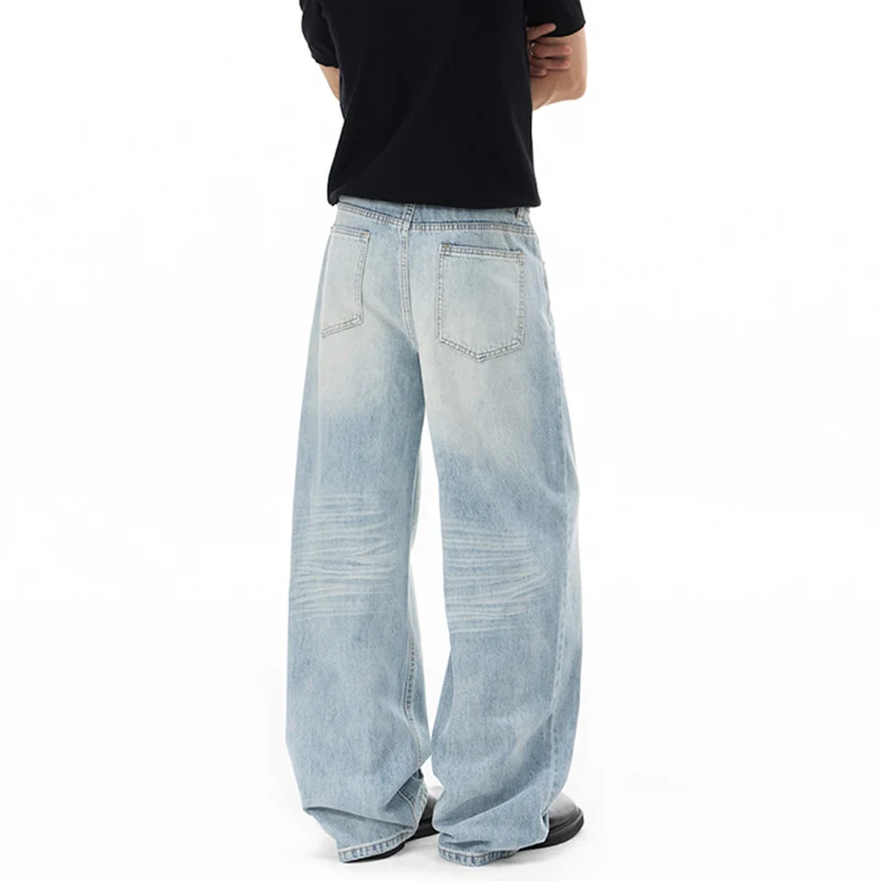 Herren Weitfallende Loose-Palazzo-Denimjeans mit tiefem Schritt und heller Used-Waschung Drune
