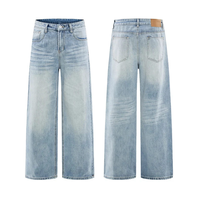 Herren Weitfallende Loose-Palazzo-Denimjeans mit tiefem Schritt und heller Used-Waschung Drune