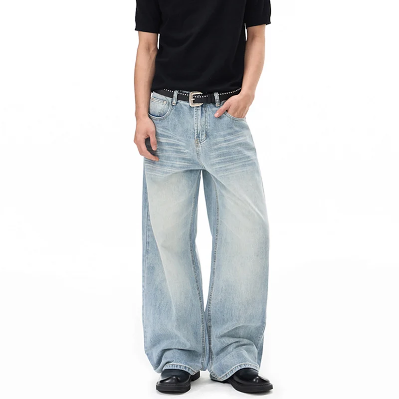 Herren Weitfallende Loose-Palazzo-Denimjeans mit tiefem Schritt und heller Used-Waschung Drune
